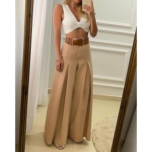 Women‘s Long Trousers Elegant Ladies Office Wear Casual Slim Fit High Waisted Ruched Pleated Wide Leg Pants Without Belt